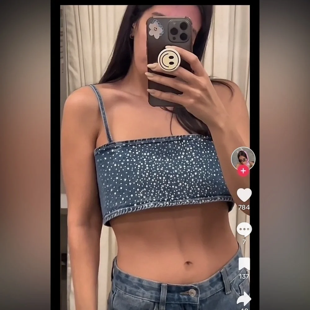 ZARA Rhinestone denim crop top 0653/273 - Picture 6 of 16